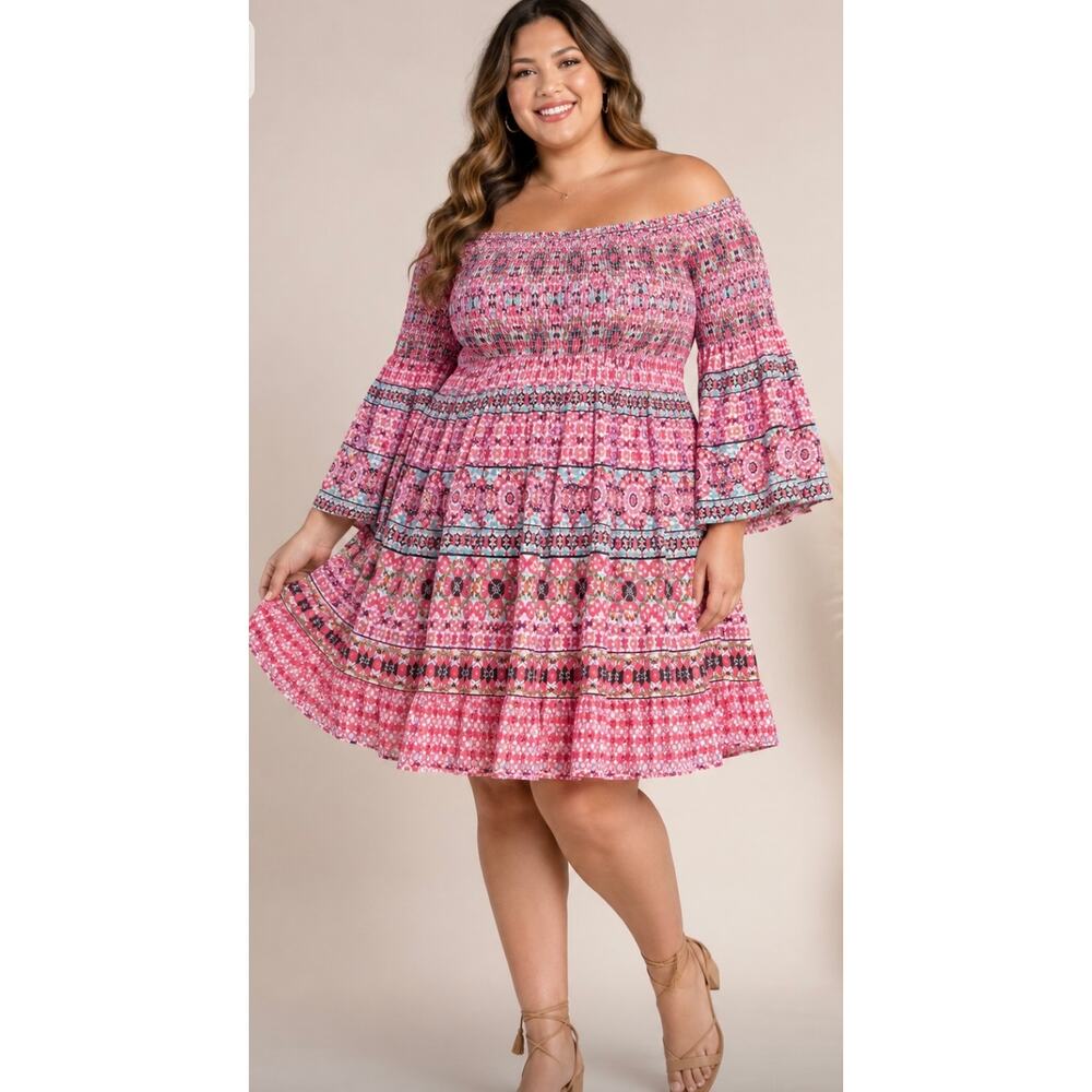 Torrid Off Shoulder Boho Floral Peasant Dress Pink Bell Sleeve Size 0 Large